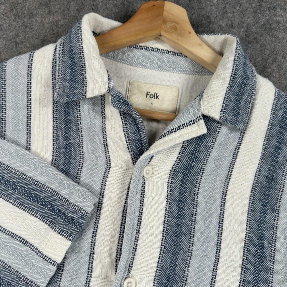 Folk Shirt Mens Medium Blue Striped Short Sleeve Button Up Coastal Beach